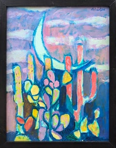 "Mezzaluna e cactus" Quadro astratto moderno di paesaggio notturno del deserto colorato