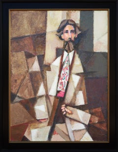 Buntes abstraktes kubistisches Porträtgemälde „Cubist Artist, Nice Tie“ 