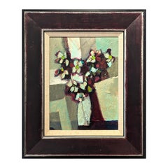"Bouquet cubista" Pittura moderna di natura morta floreale astratta verde acqua e marrone