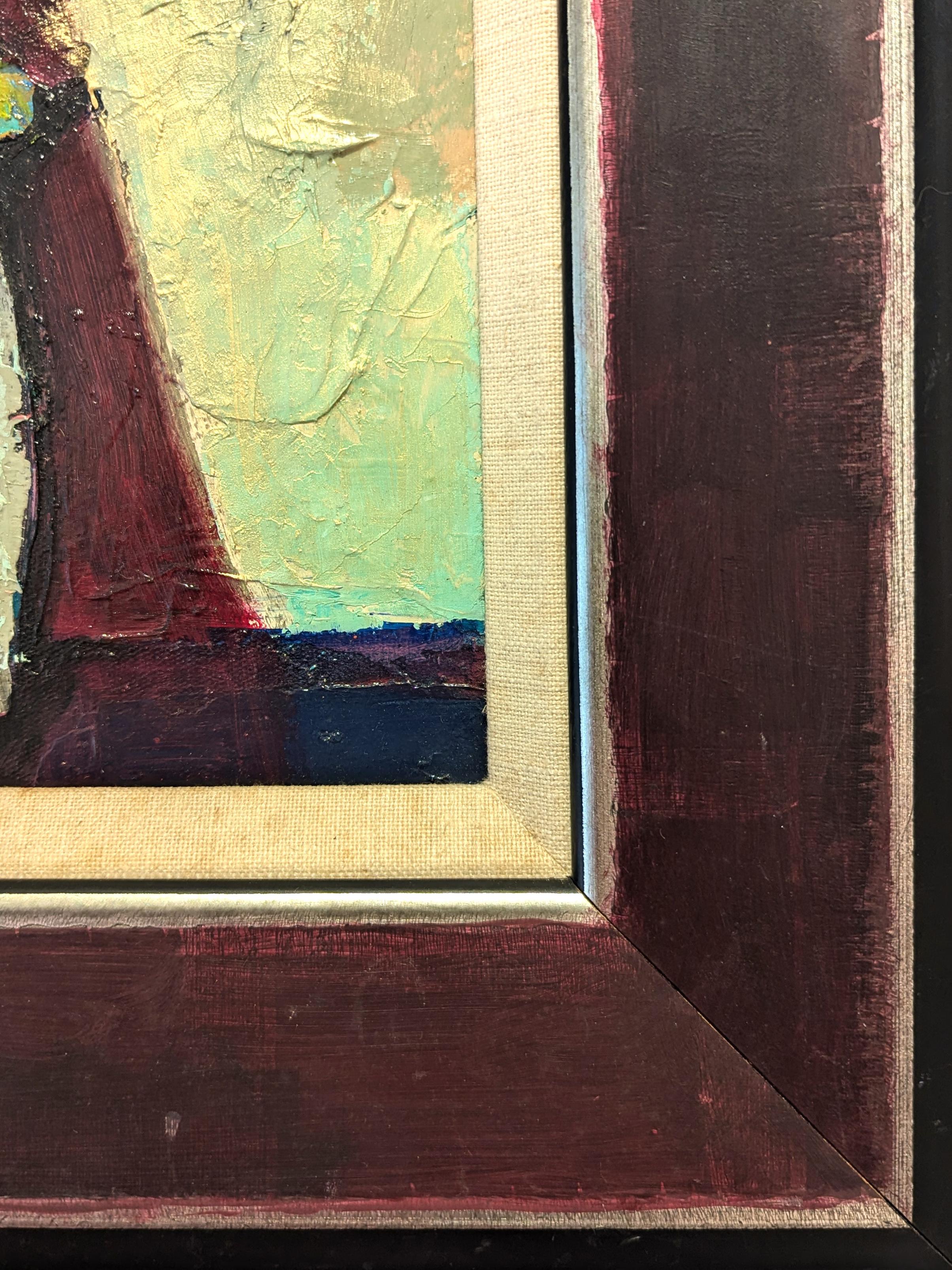 Natura morta di ispirazione cubista moderna dipinta dall'iconico artista di Houston David Adickes. L'opera presenta una natura morta floreale astratta di colore verde acqua e marrone su un tavolino. Attualmente è appeso in una cornice nera.