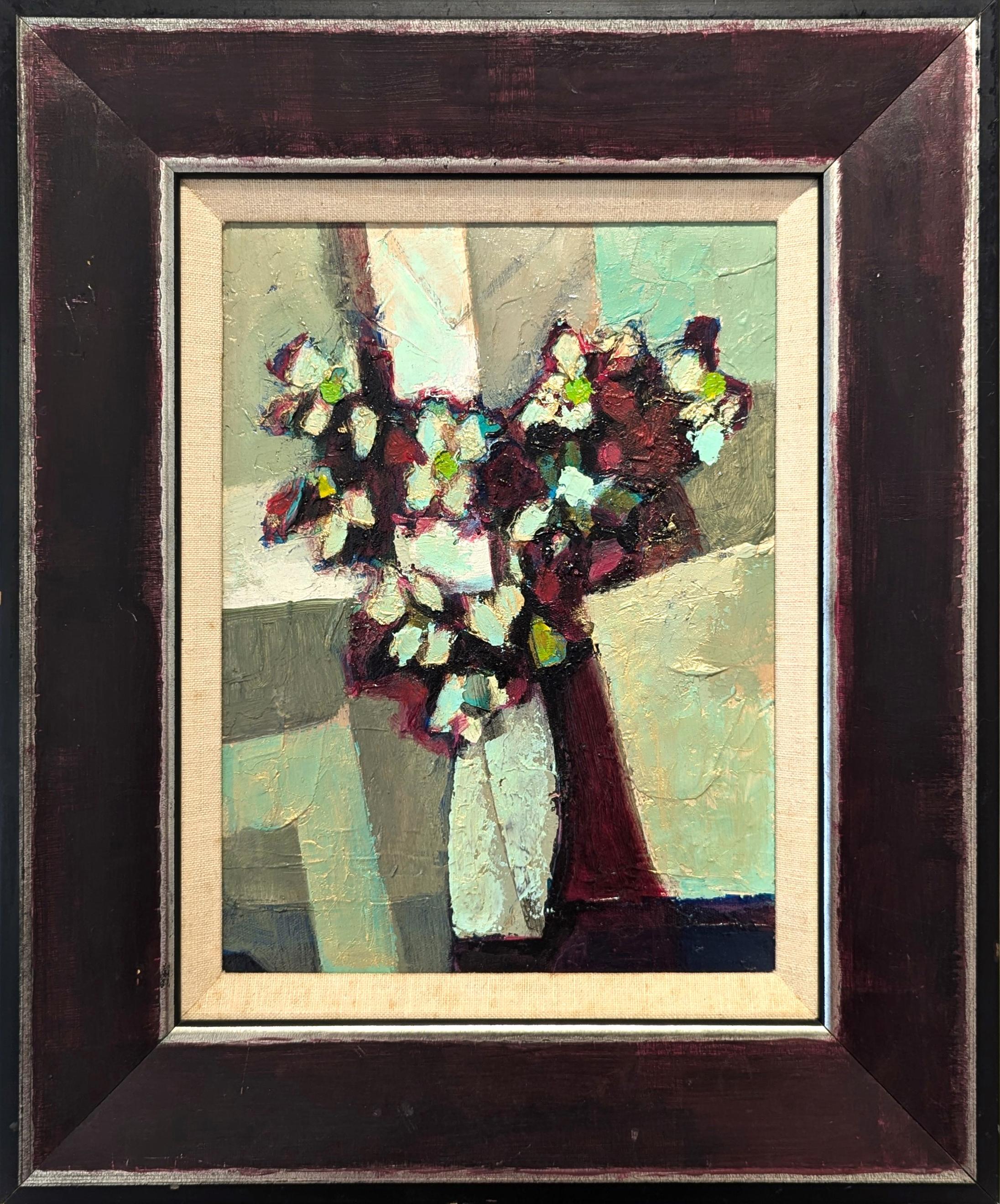 "Bouquet cubista" Pittura moderna di natura morta floreale astratta verde acqua e marrone