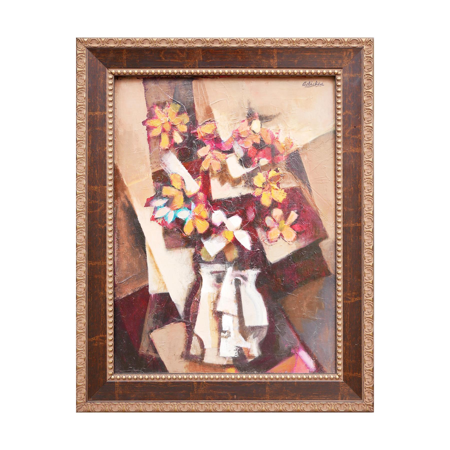 „Blumenstrauß, seltsame Vase“, warm getöntes abstraktes kubistisches Blumenstillleben – Painting von David Adickes