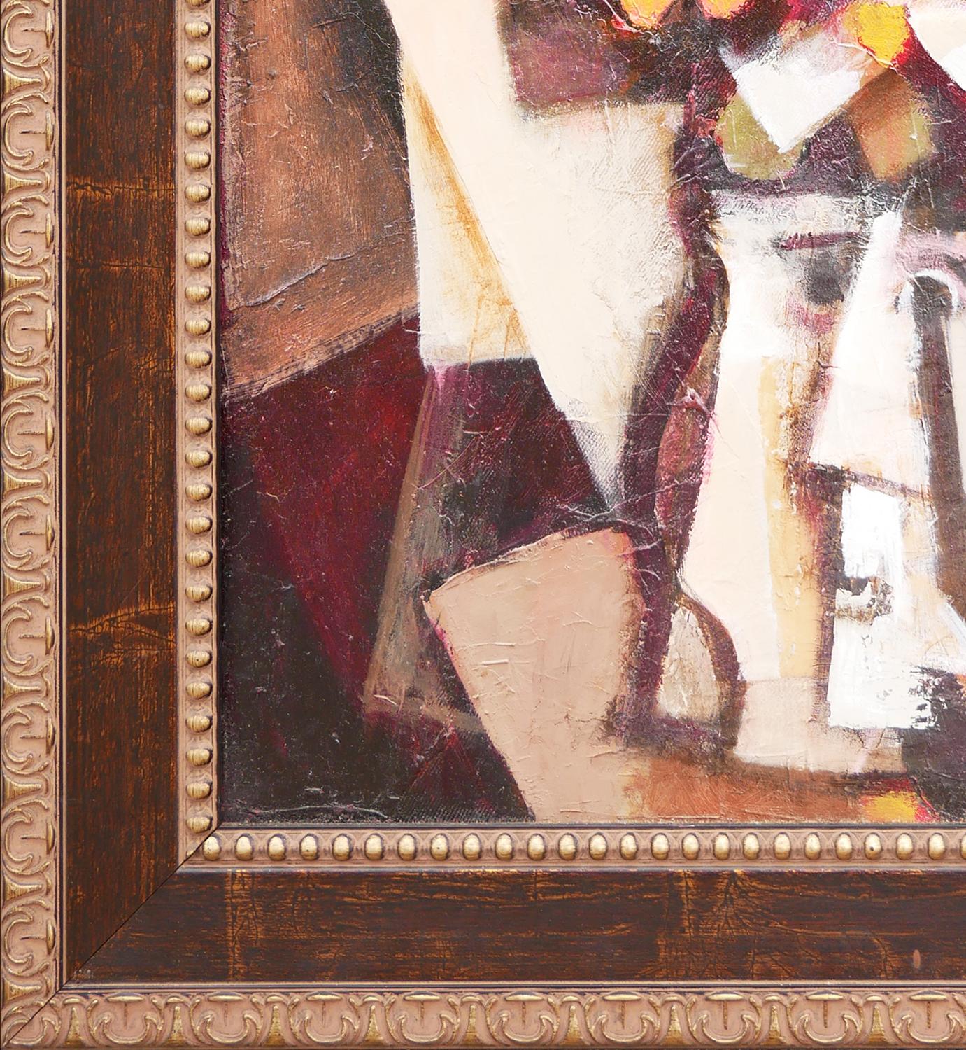 Una moderna natura morta astratta cubista dai toni caldi, arricchita da una giclée dell'artista David Adickes di Houston, TX. L'opera presenta fiori gialli e rossi in un vaso a forma di volto astratto. Firmato dall'artista nell'angolo anteriore