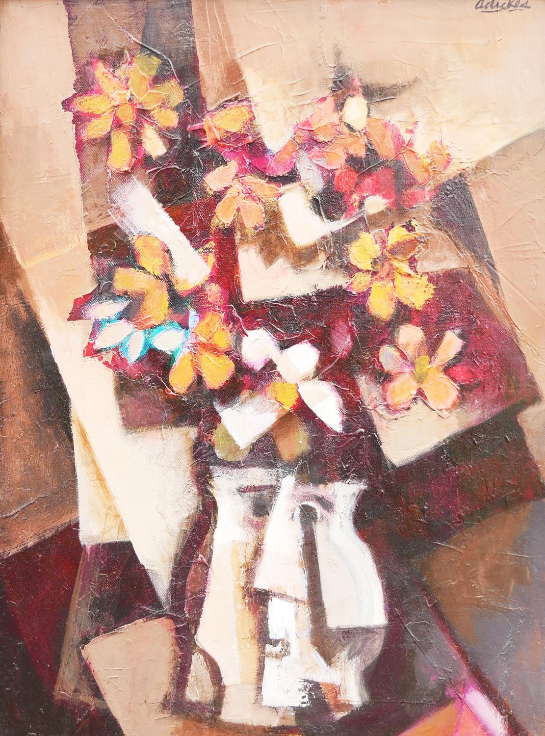 Warm toned modern cubist abstract still life enhanced giclee painting by Houston, TX artist David Adickes. The work features yellow and red flowers in an abstracted face shaped vase. Signed by the artist in the front upper right corner. Currently