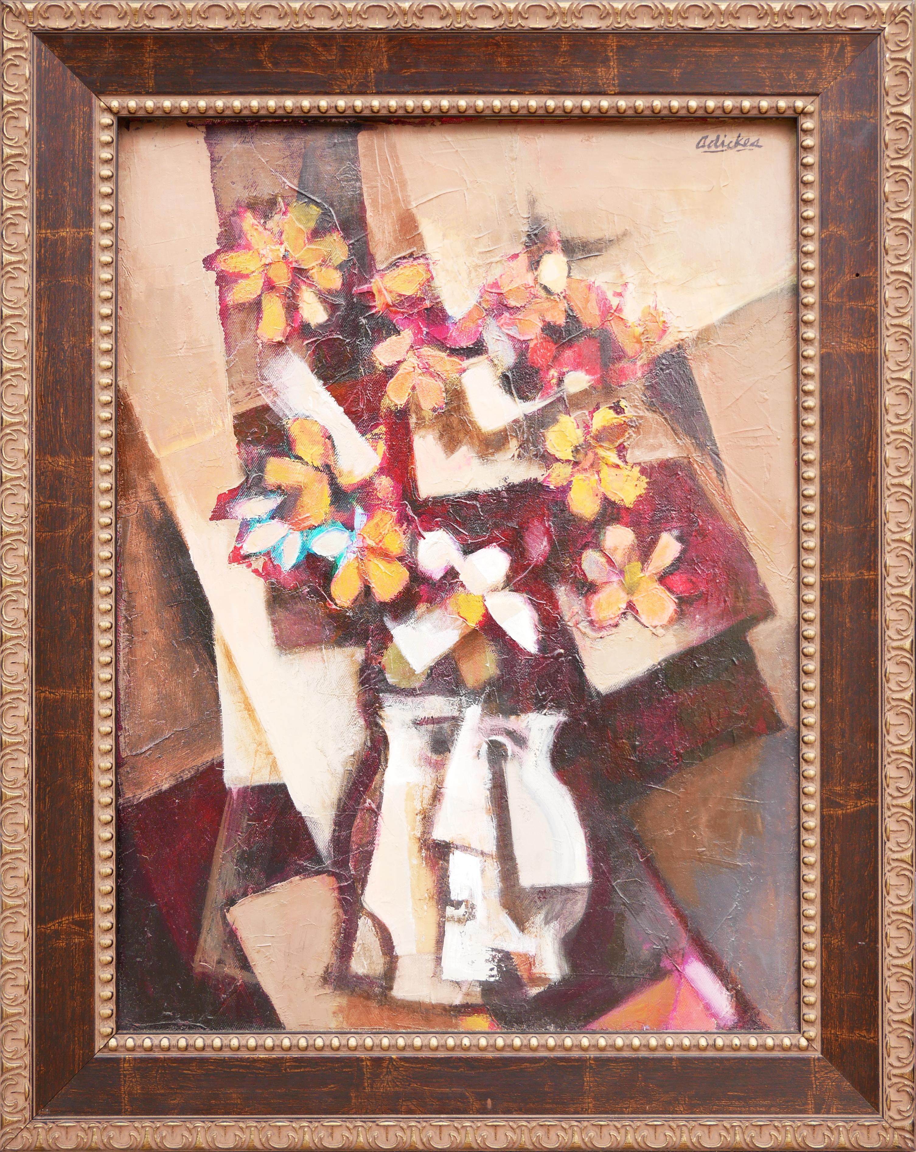 „Blumenstrauß, seltsame Vase“, warm getöntes abstraktes kubistisches Blumenstillleben