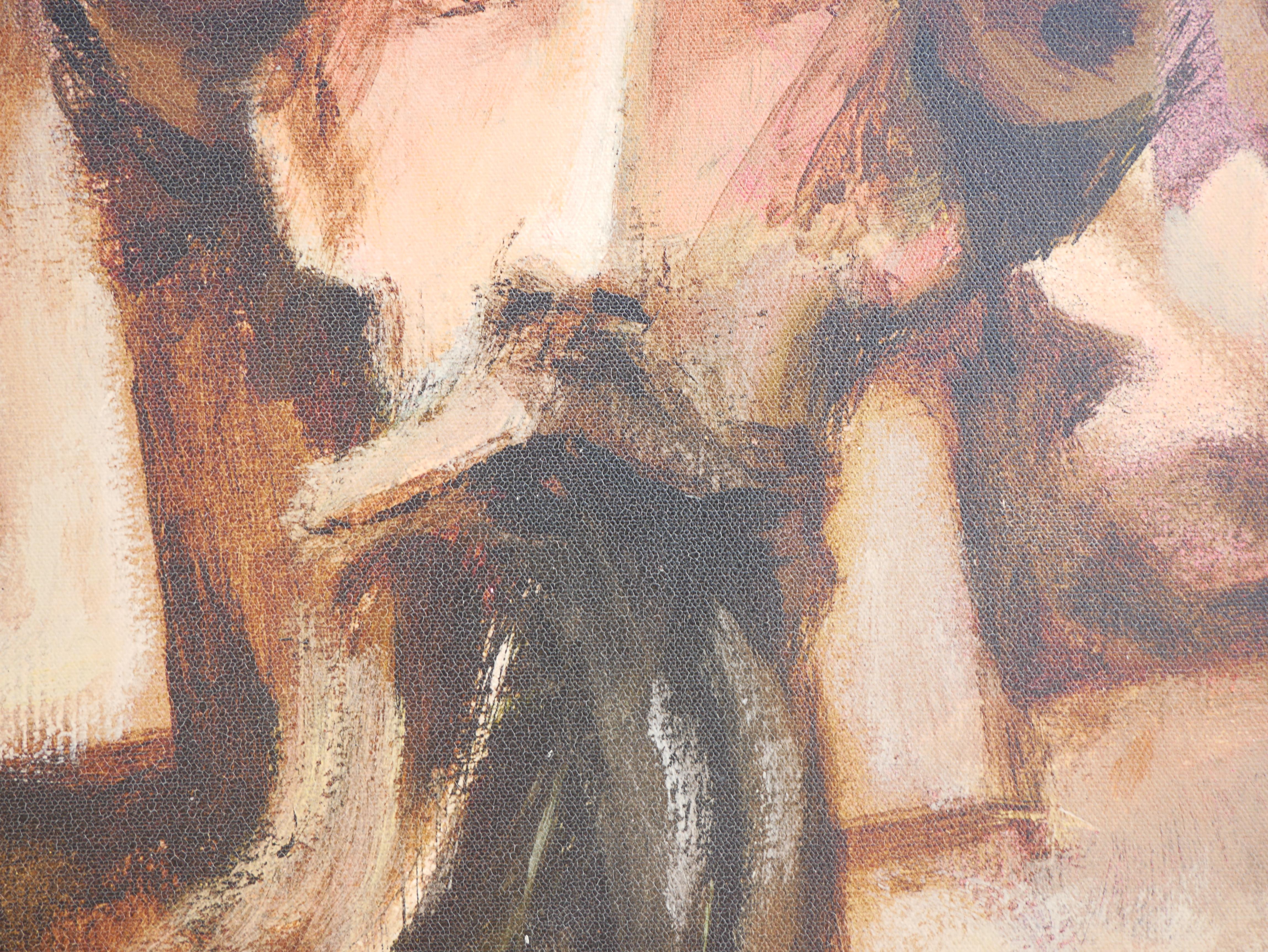 Stampa moderna astratta di ritratto figurativo dell'artista di Houston, TX, David Adickes. L'opera presenta al centro una figura maschile barbuta vestita con una cravatta su uno sfondo di foglie cadenti. Attualmente è appeso in una cornice
