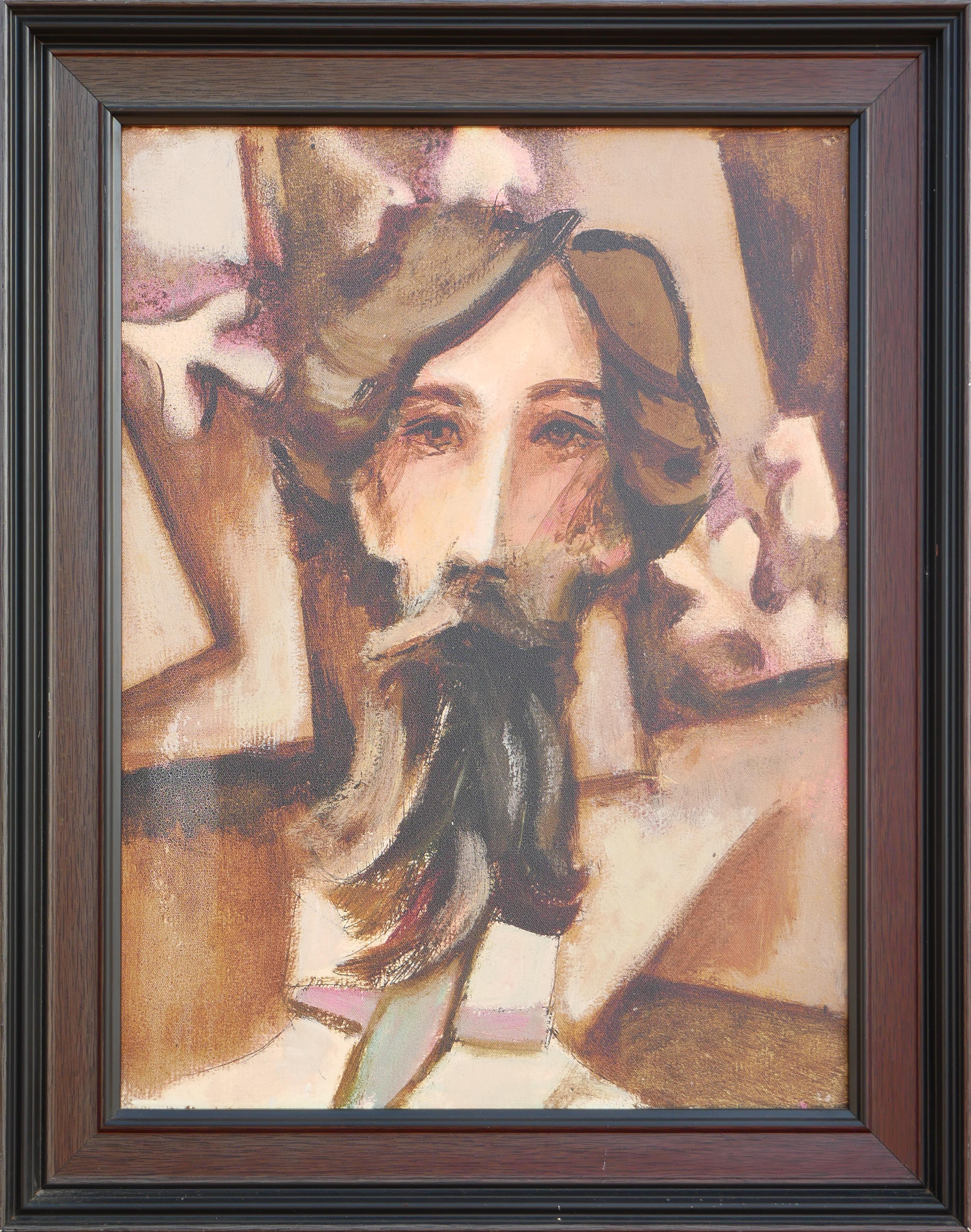 David Adickes Figurative Painting - "Cubist Head with Leaves" Modern Abstract Brown Toned Figurative Portrait Print