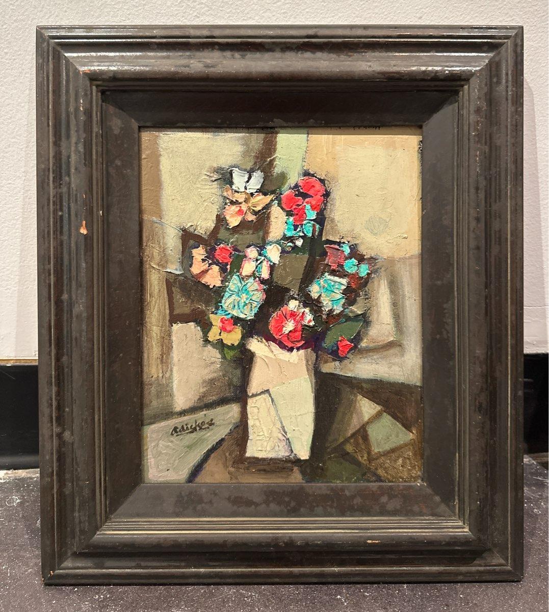 David Adickes Portrait Painting - Cubist Vase, Red & Turquoise Flowers