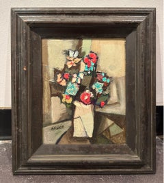 Cubist Vase, Red & Turquoise Flowers