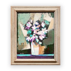 "Dark Bouquet with White Flowers" Modern Abstract Pink, Purple & Teal Still Life
