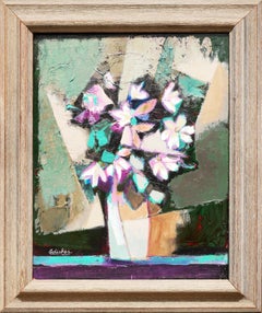 "Dark Bouquet with White Flowers" Modern Abstract Pink, Purple & Teal Still Life