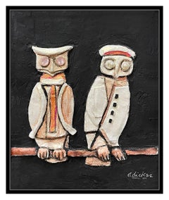 David Adickes Original Oil Painting Relief Sculpture Signed Owls Birds Artwork