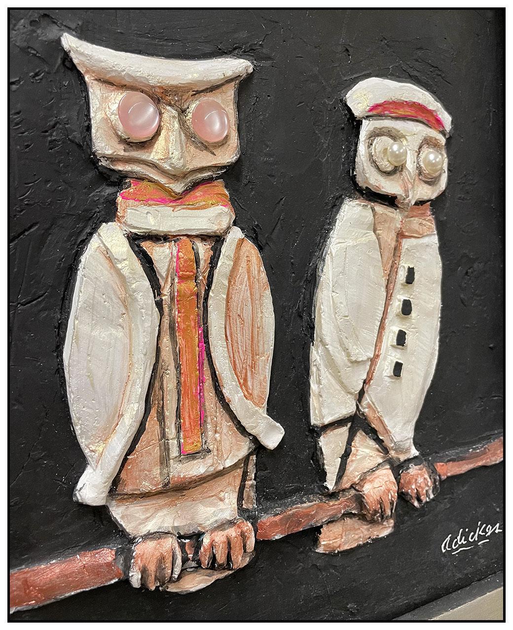 David Adickes Original Oil Painting Relief Sculpture Signed Owls Birds Artwork 2