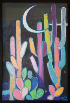 "Desert Eve" Modern Abstract Colorful Cactus Nighttime Landscape Painting