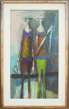 Vintage "Deux Harlequins" Abstract Figurative Portrait Painting 