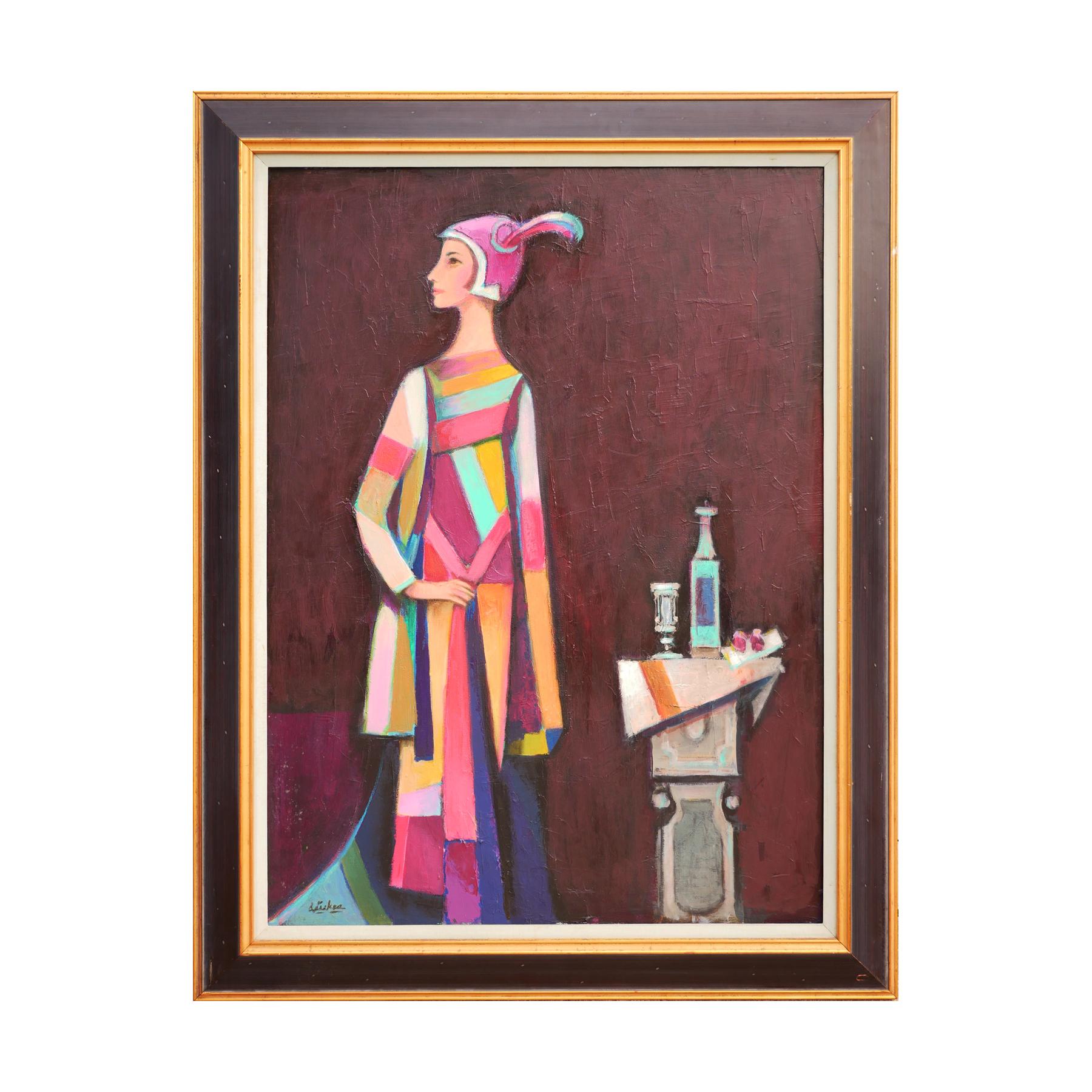 Modern abstract figurative portrait painting by Houston, TX artist David Adickes. The work features a woman wearing a brightly colored patterned dress and hat posed next to a still life arrangement set against a neutral toned maroon background.