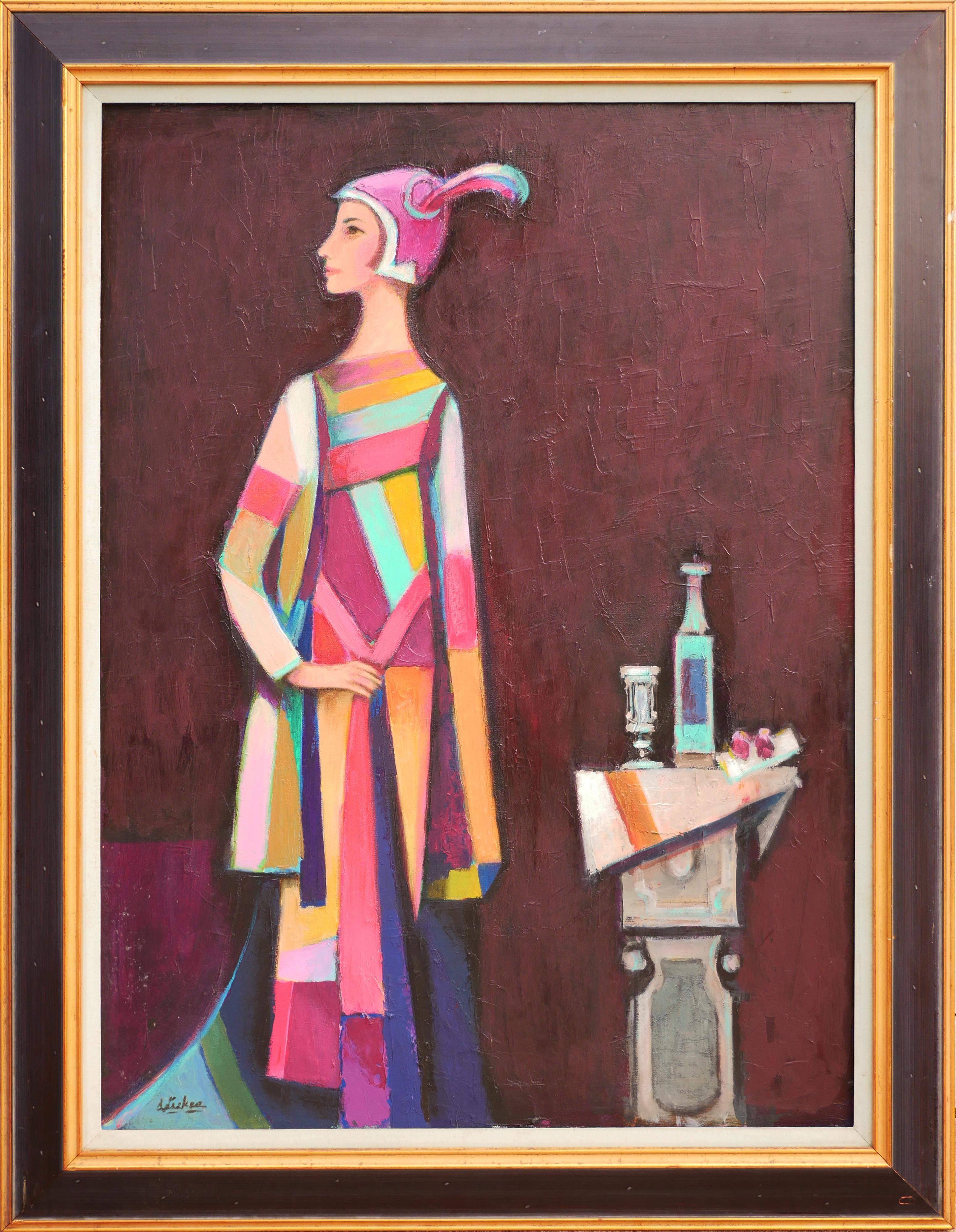 David Adickes Figurative Painting - "Dress of Many Colors with Still Life" Modern Abstract Female Portrait Painting 