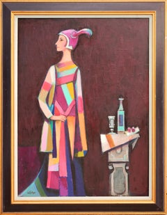 "Dress of Many Colors with Still Life" - Peinture de portrait de femme abstraite moderne 