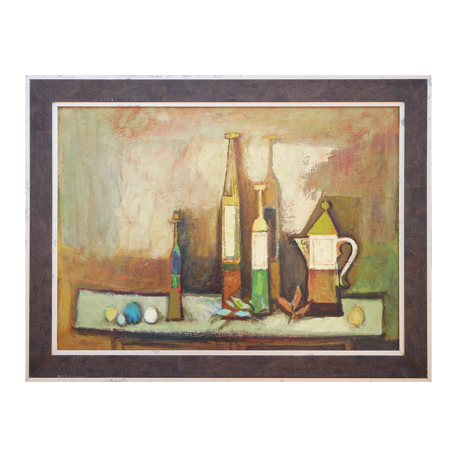 Modern abstract brown, green, and yellow toned still life by Houston, TX artist David Adickes. The work features a central arrangement of bottles and a coffee pot set against a neutral background. Currently hung a complementary brown and silver
