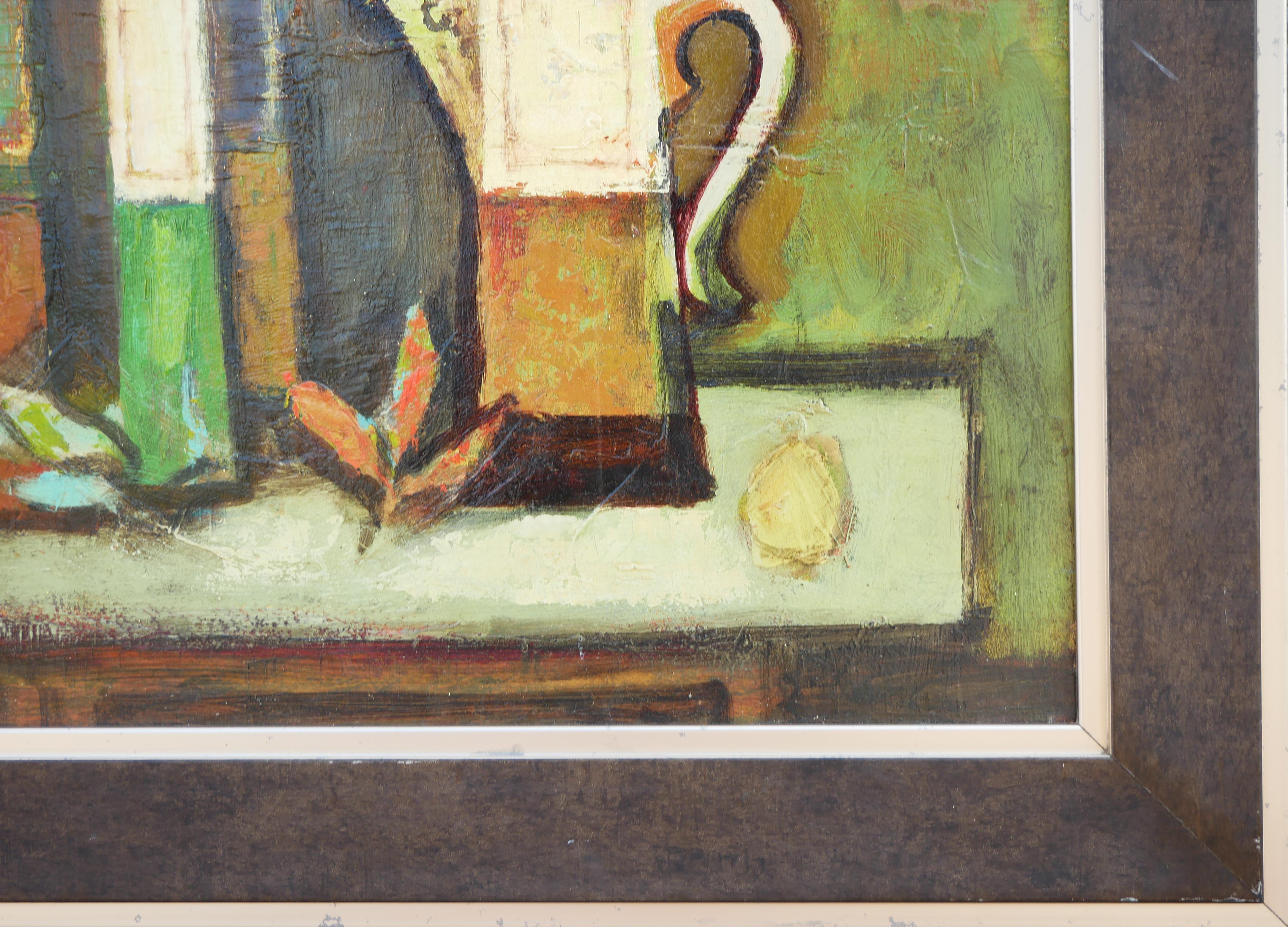 „ frühes Stillleben mit Kaffeekanne“ Modernes abstraktes, grün getöntes Interieurgemälde im Angebot 5