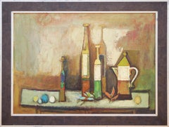 "Early Still Life with Coffee Pot" Modern Abstract Green Toned Interior Painting