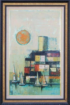 ""FIVE Boats and Sun at Antibes" Moderne abstrakte Landschaft in Orange, Teal und Creme
