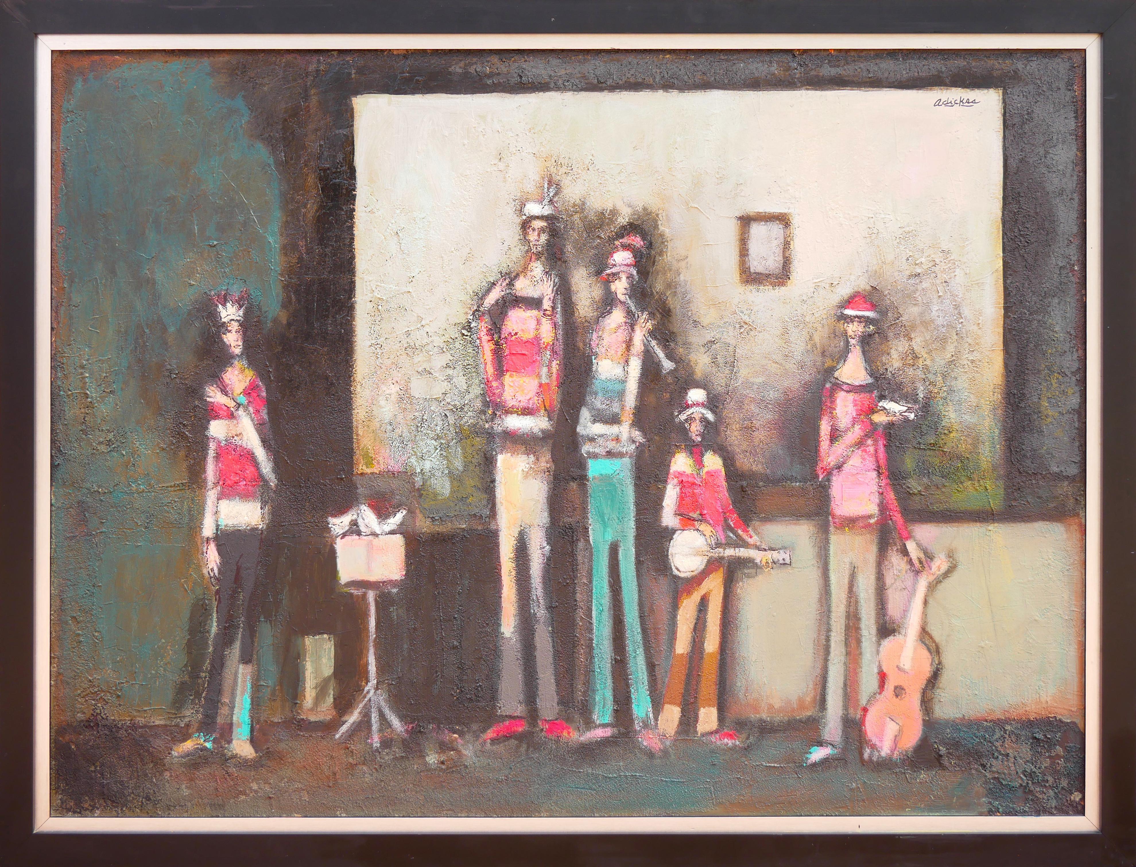 David Adickes Figurative Painting - "Five-Man Band" Modern Abstract Colorful Figurative Group Portrait Painting 