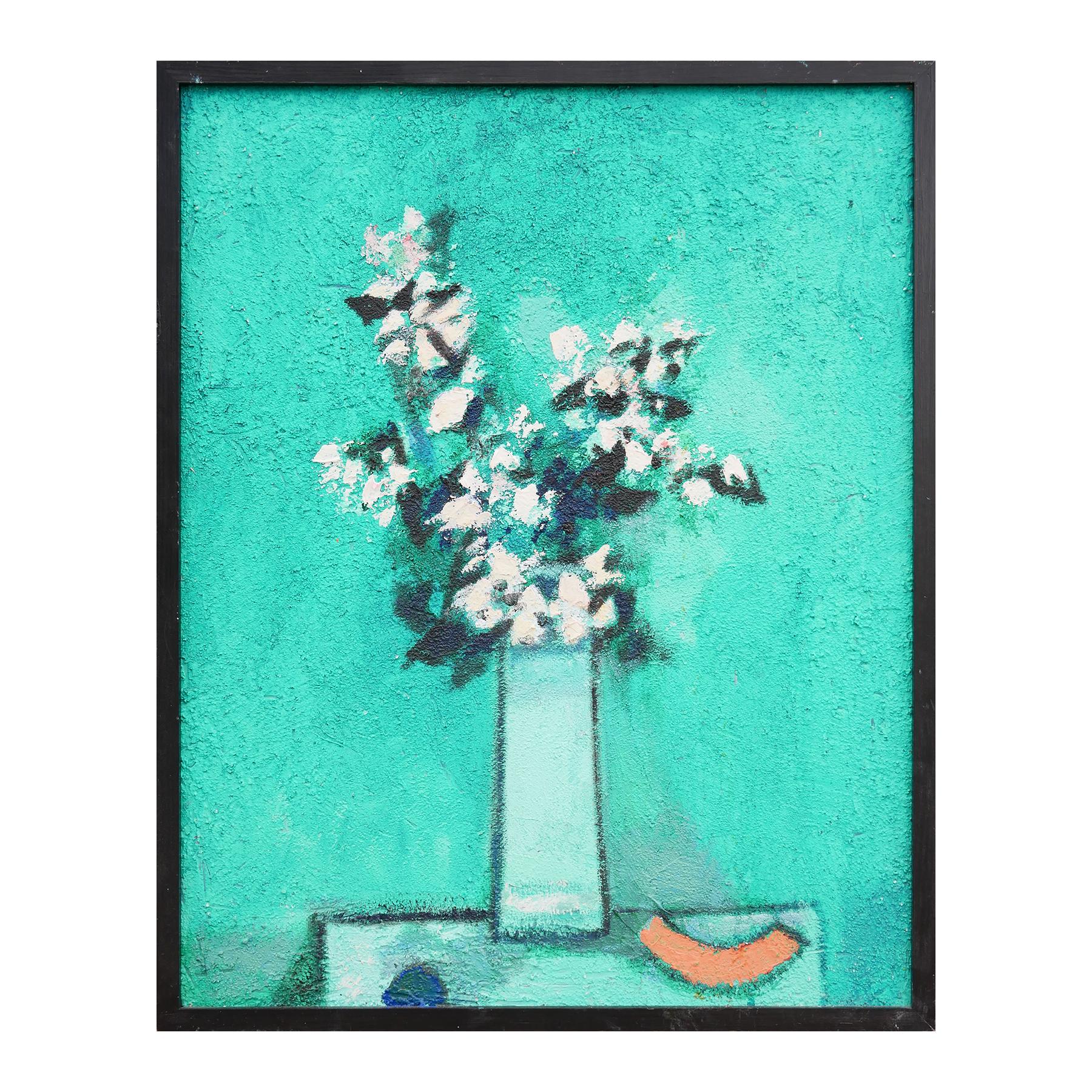 Turquoise abstract still life painting by Houston, TX artist David Adickes. The painting depicts white flowers in a tall blue vase on top of a table with a slice of orange melon. Unsigned. Framed in a simple black frame.

Dimensions Without Frame: H