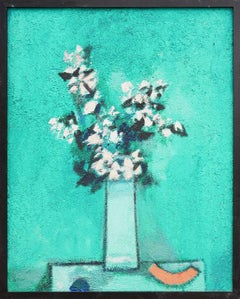 „Flowers in Tall Vase with Melon“ Türkis Abstraktes Blumenstillleben Gemälde
