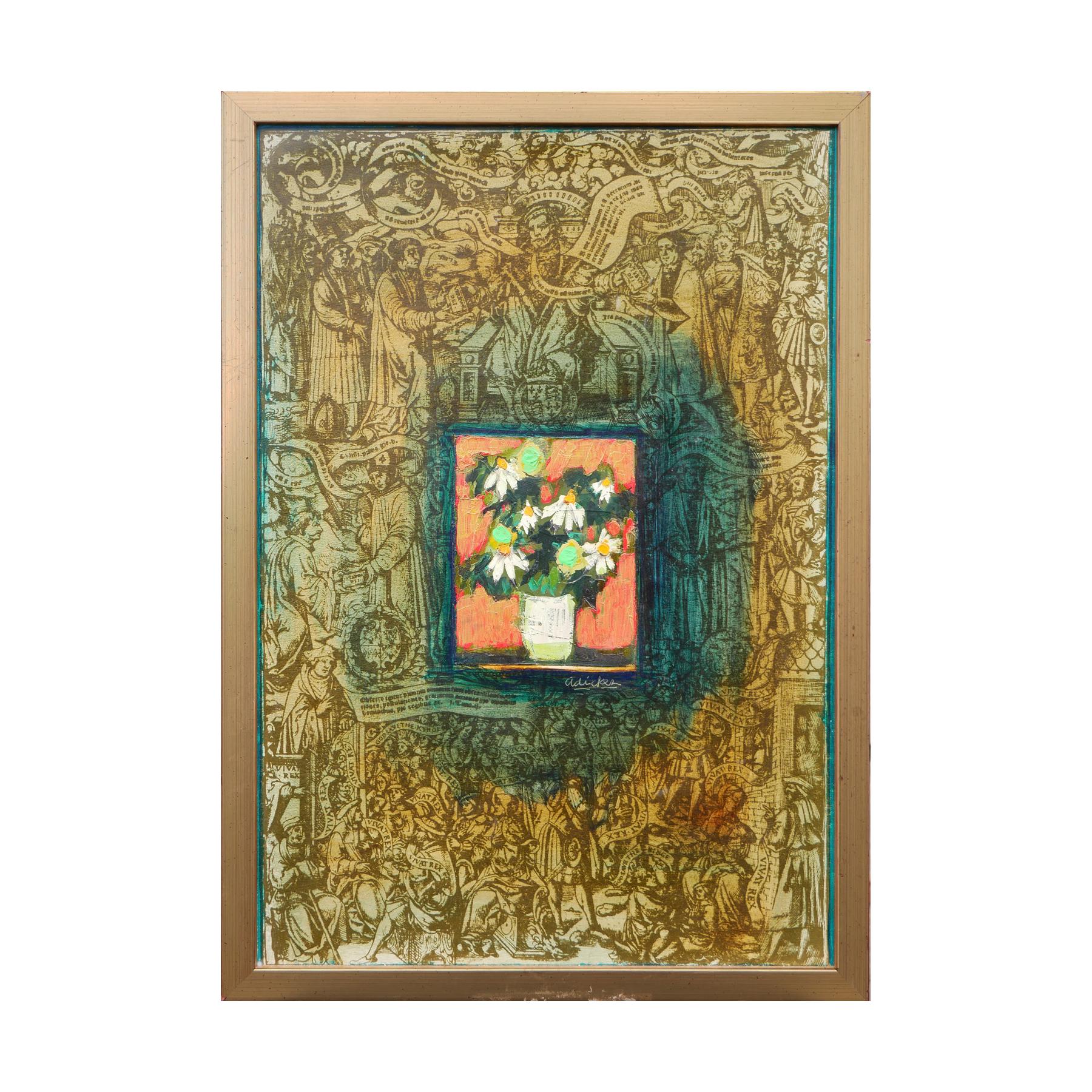 Green-toned modern abstract still life painting by Houston, TX artist David Adickes. The painting depicts a central still-life scene with white daisies in a vase against an orange background. This central subject glows in green and rests against