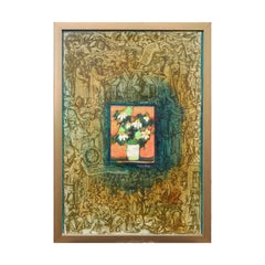 "Flowers in Vase" Green-Toned Modern Abstract Floral Still Life Painting