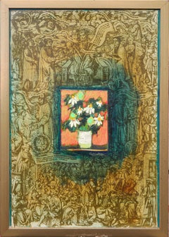 "Flowers in Vase" Green-Toned Modern Abstract Floral Still Life Painting