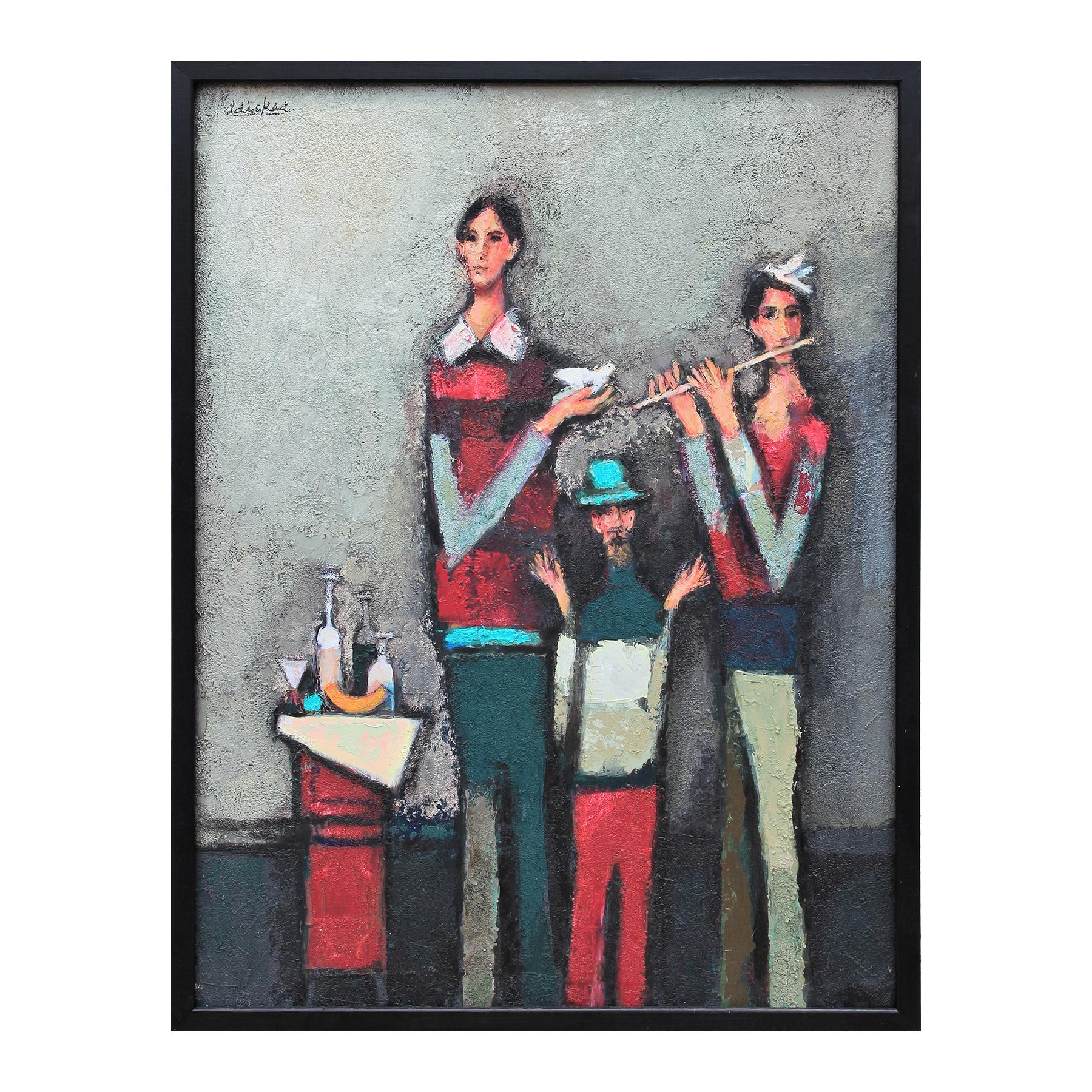 David Adickes Figurative Painting - "Flutist with Two Friends" Abstract Modern Figurative Musician Portrait Painting