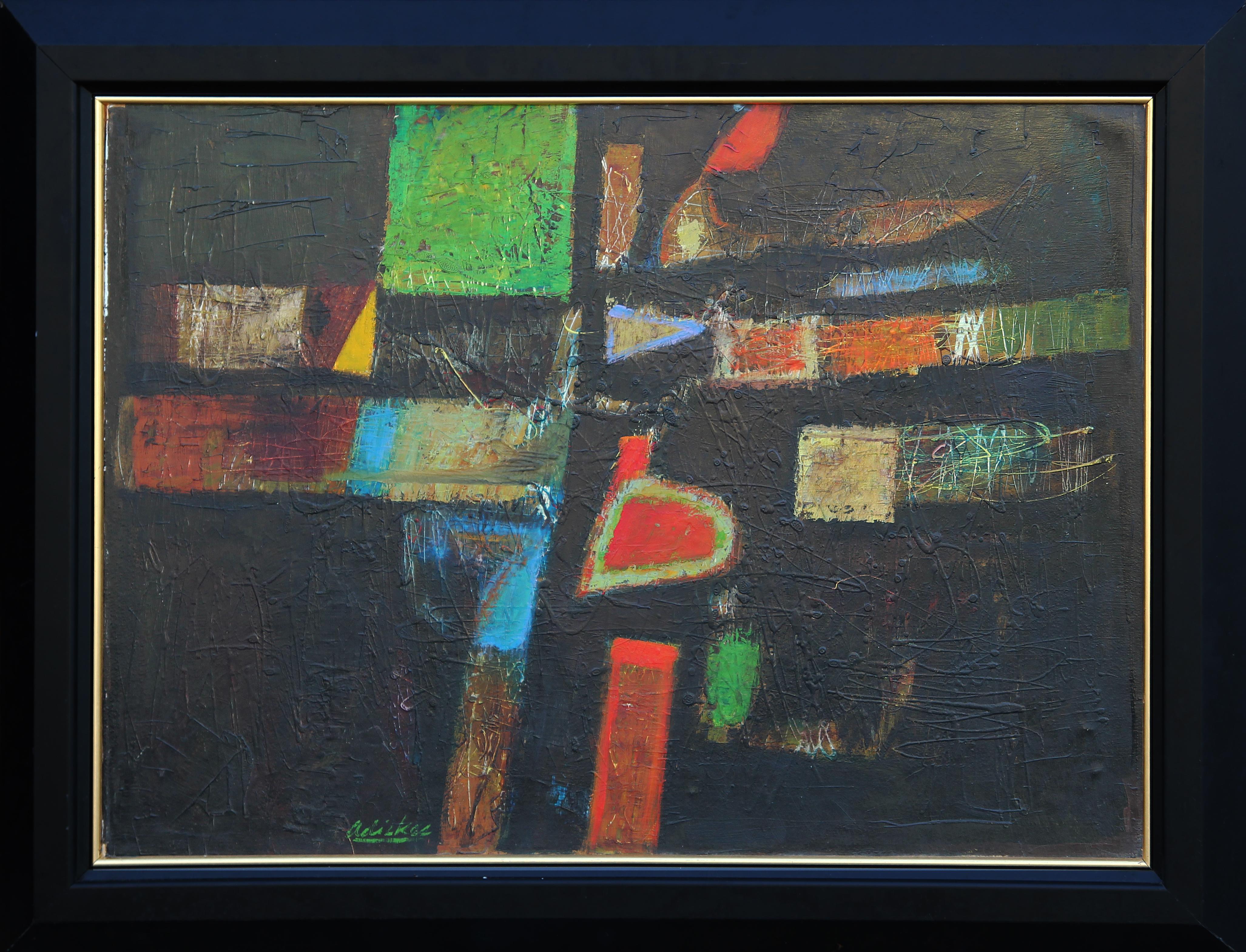 David Adickes Abstract Painting - "Forms" Black, Green, Red, and Orange Abstract Geometric Painting