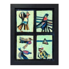 "Four Square Birds" Modern Teal Toned Cubist Inspired Abstract of Birds