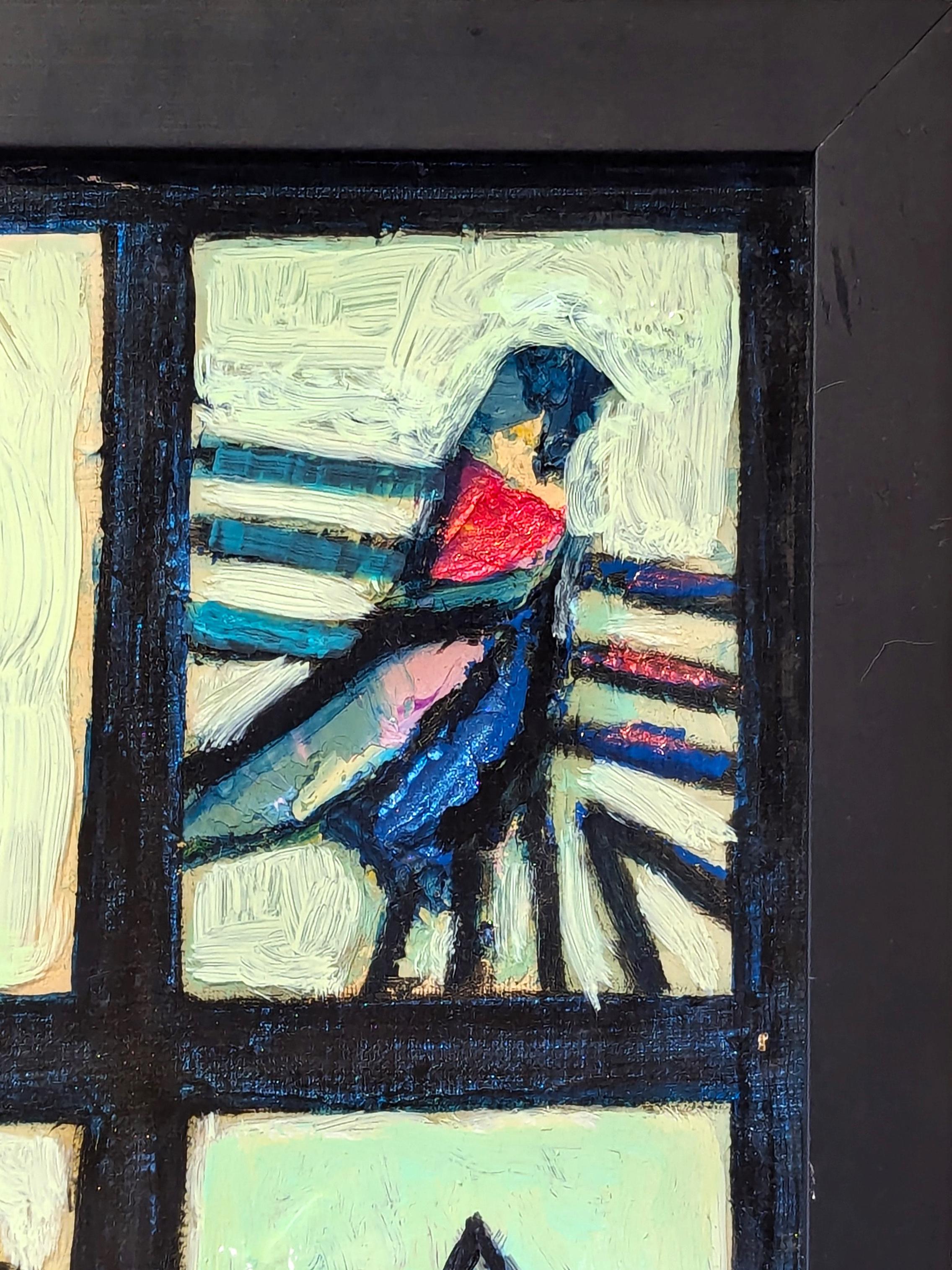 Modern abstract painting of birds by the iconic Houston based artist David Adickes. The work features a grid of four different Cubist-inspired abstractions of birds set against a teal background. Signed in the front lower left corner. Currently hung
