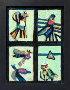 "Four Square Birds" Modern Teal Toned Cubist Inspired Abstract of Birds