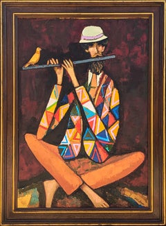 "Retrato Arlequín" Retrato Figurativo Cubista Abstracto Moderno de Flautista