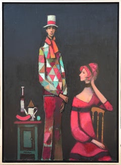 "Harlequin & Seated Lady" Red and Black Modernist Abstract Portrait Painting