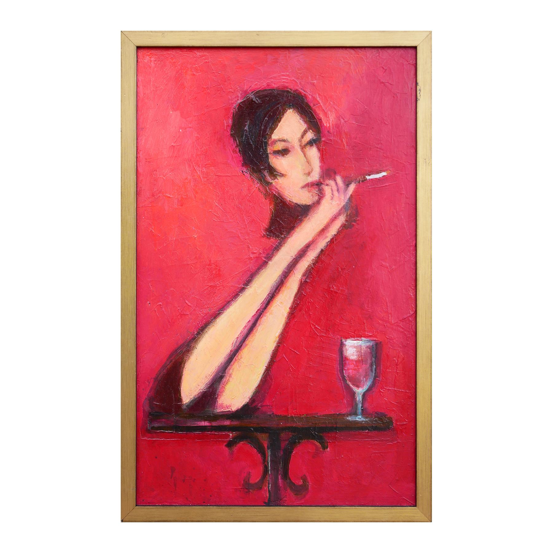 Lady with Cigarette - Peinture figurative abstraite aux tons rouges - Painting de David Adickes