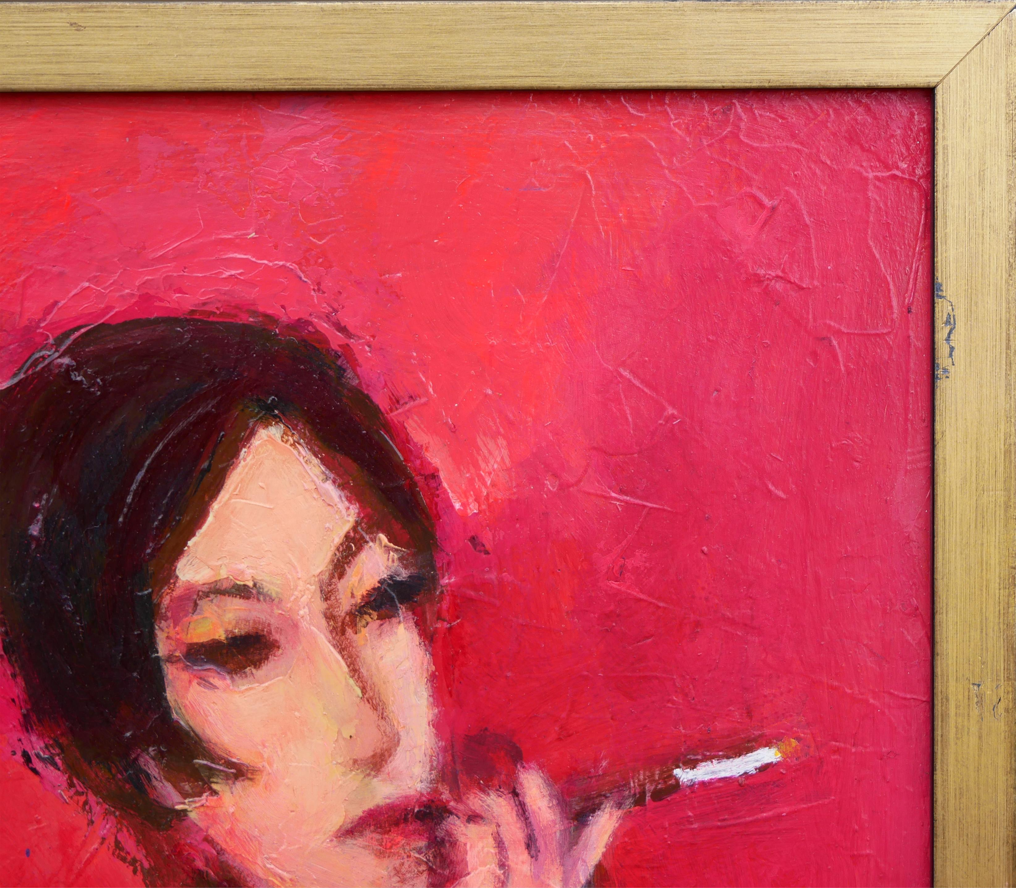 Red-toned abstract figurative portrait painting by Houston, TX artist David Adickes. The painting depicts a woman smoking and drinking wine by a small side table. Unsigned. Framed in a gold wooden frame.

Dimensions Without Frame: H 22.5 in. x W