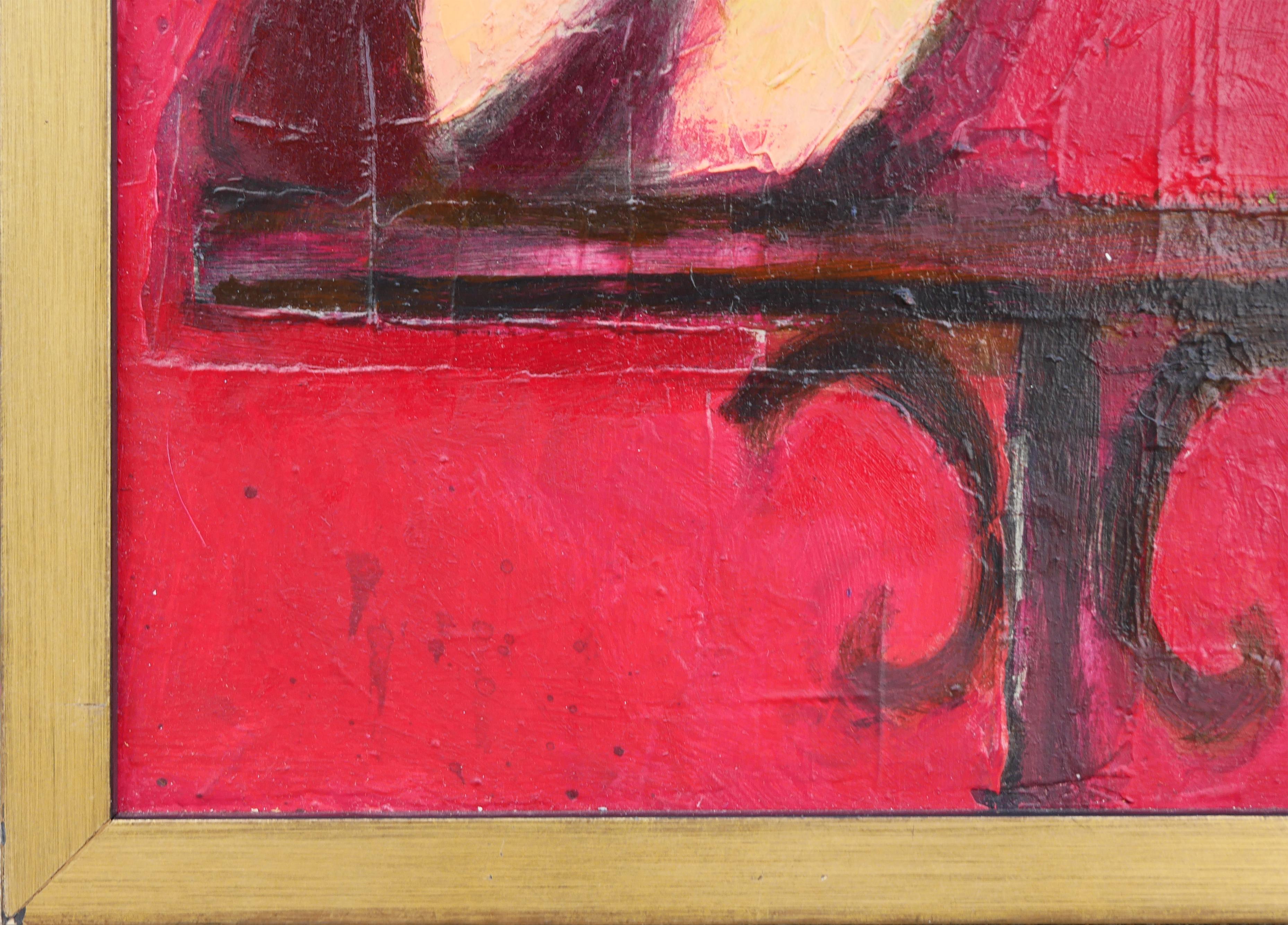 Portrait abstrait et figuratif aux tons rouges de l'artiste David Adickes, de Houston, au Texas. Le tableau représente une femme fumant et buvant du vin près d'une petite table d'appoint. Non signée. Encadré dans un cadre en bois doré.

Dimensions