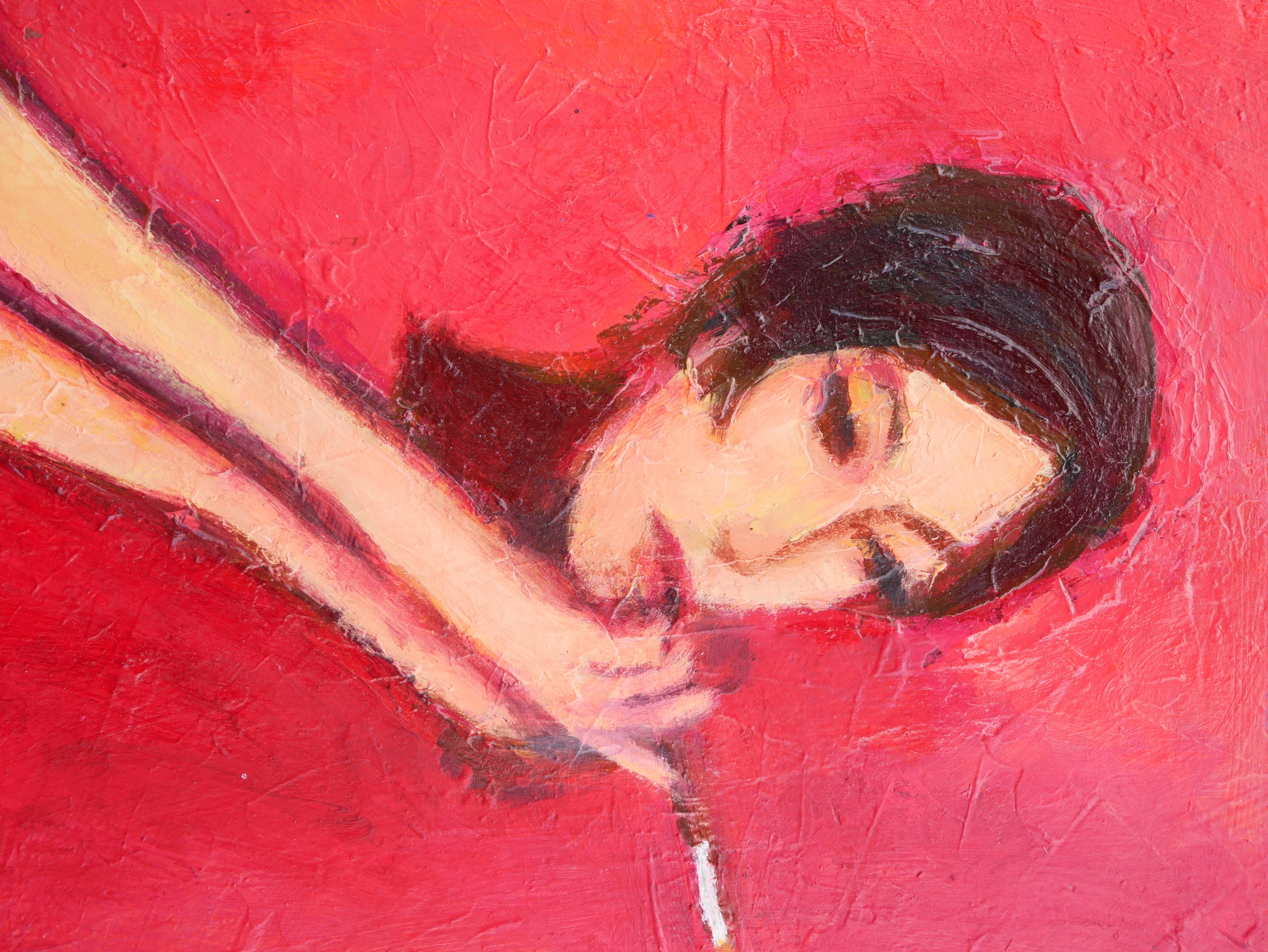 Lady with Cigarette - Peinture figurative abstraite aux tons rouges 1