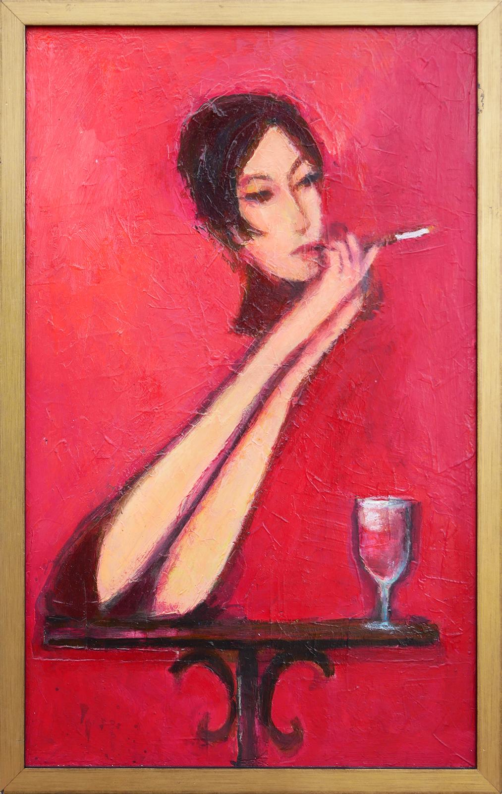 "Lady with Cigarette" Red-Toned Abstract Figurative Painting
