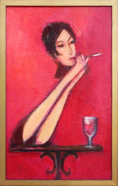 Lady with Cigarette - Peinture figurative abstraite aux tons rouges