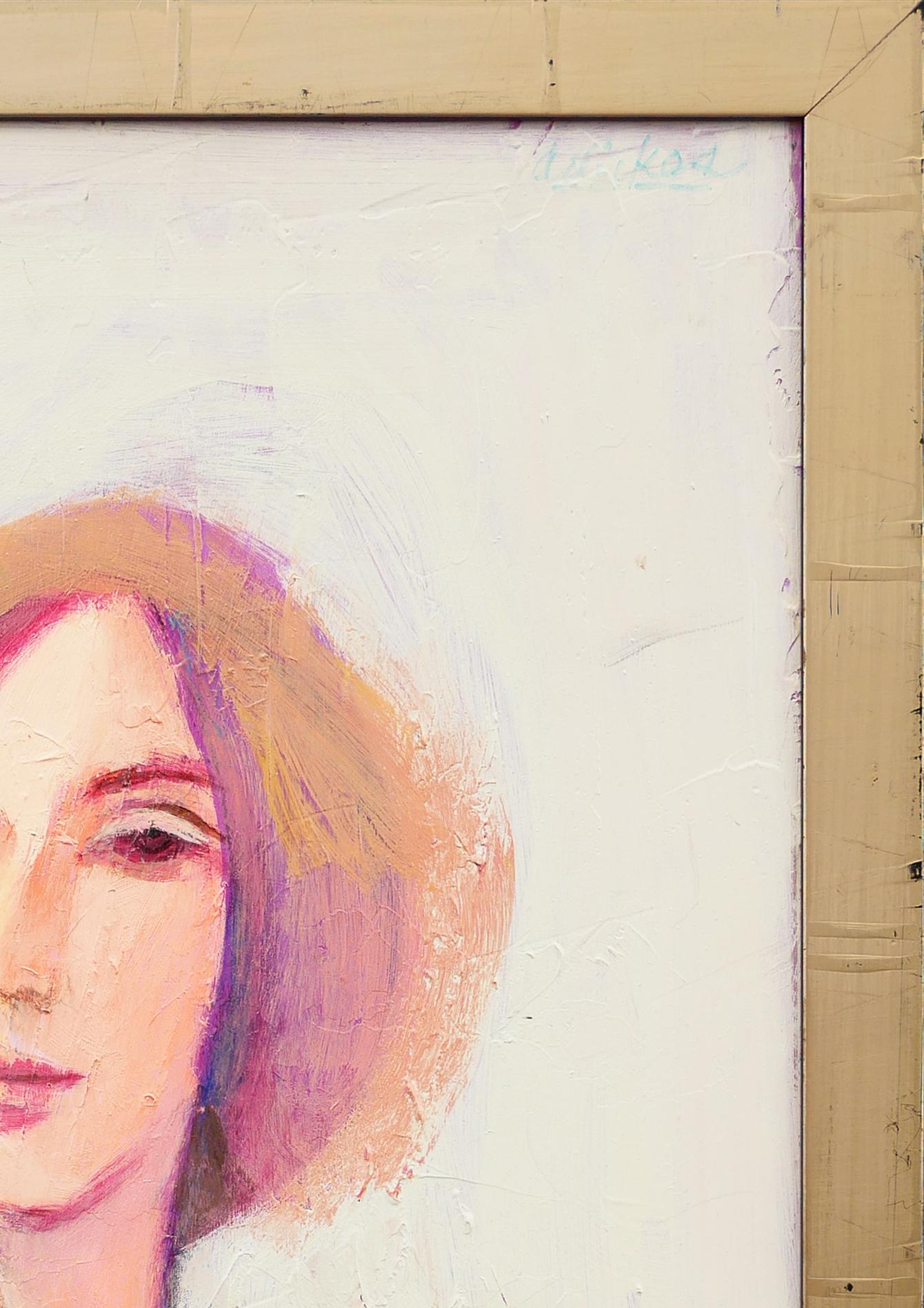 Portrait abstrait moderne aux tons orange et rouge de l'artiste David Adickes, de Houston, au Texas. Le tableau représente une femme à la peau claire, aux cheveux orange courts, portant un haut à manches rouges. Non signée. Encadré dans un cadre en