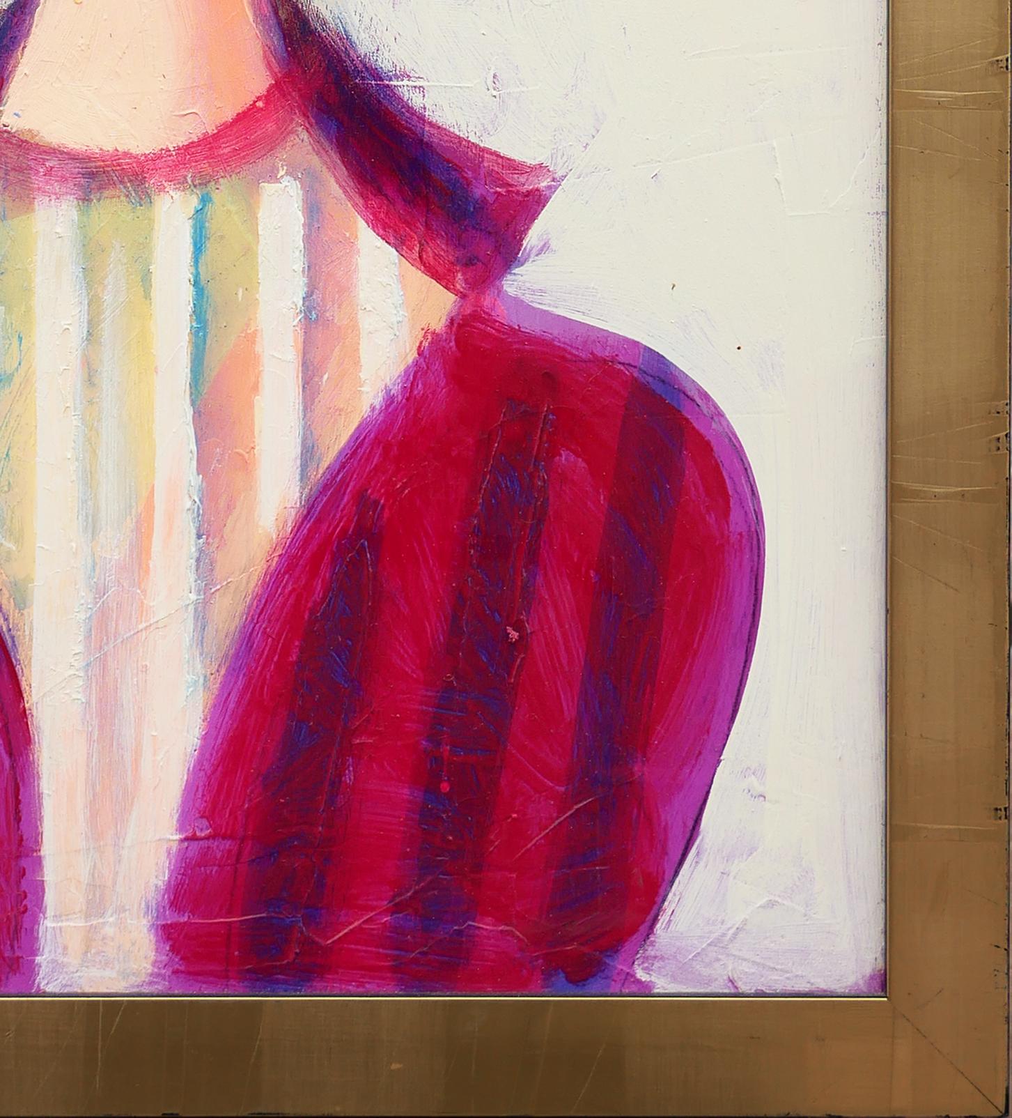 Ritratto astratto moderno dai toni arancioni e rossi dell'artista di Houston, TX, David Adickes. Il dipinto raffigura una donna di carnagione chiara con capelli corti arancioni che indossa un top con le maniche rosse. Senza segno. Incorniciato in