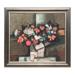 "Grande bouquet", pittura moderna astratta di natura morta floreale rossa, blu e grigia