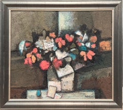 "Großer Blumenstrauß" Modernes abstraktes rotes, blaues und graues Blumenstilllebengemälde