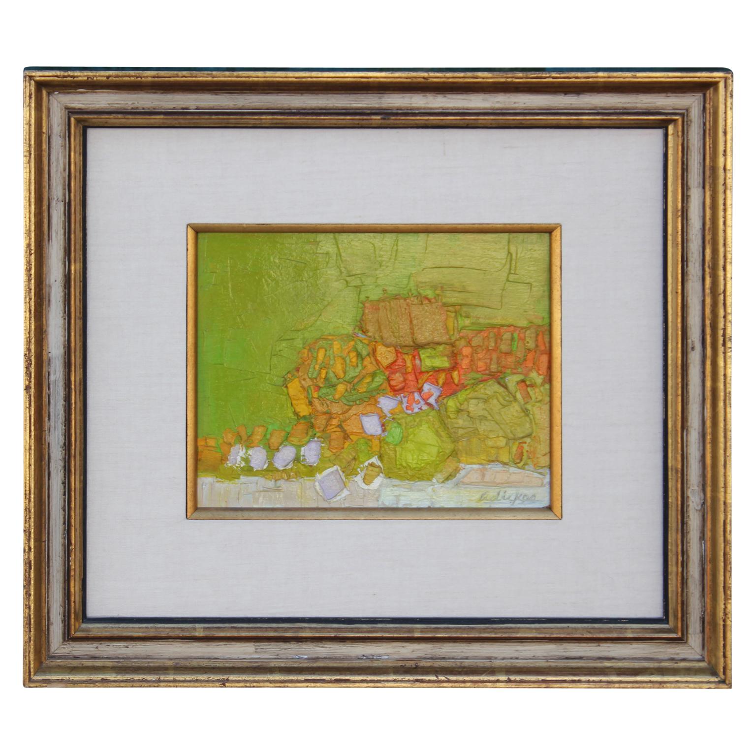 Whimsical abstract painting by Texas artist David Adickes.  Adickes builds up oil paint in bright greens, oranges and yellows in this piece. Circa 1960s.

Dimensions of painting itself: H 7.88 in. x W 9.75 in.  

Artist Biography:
Born in Huntsville